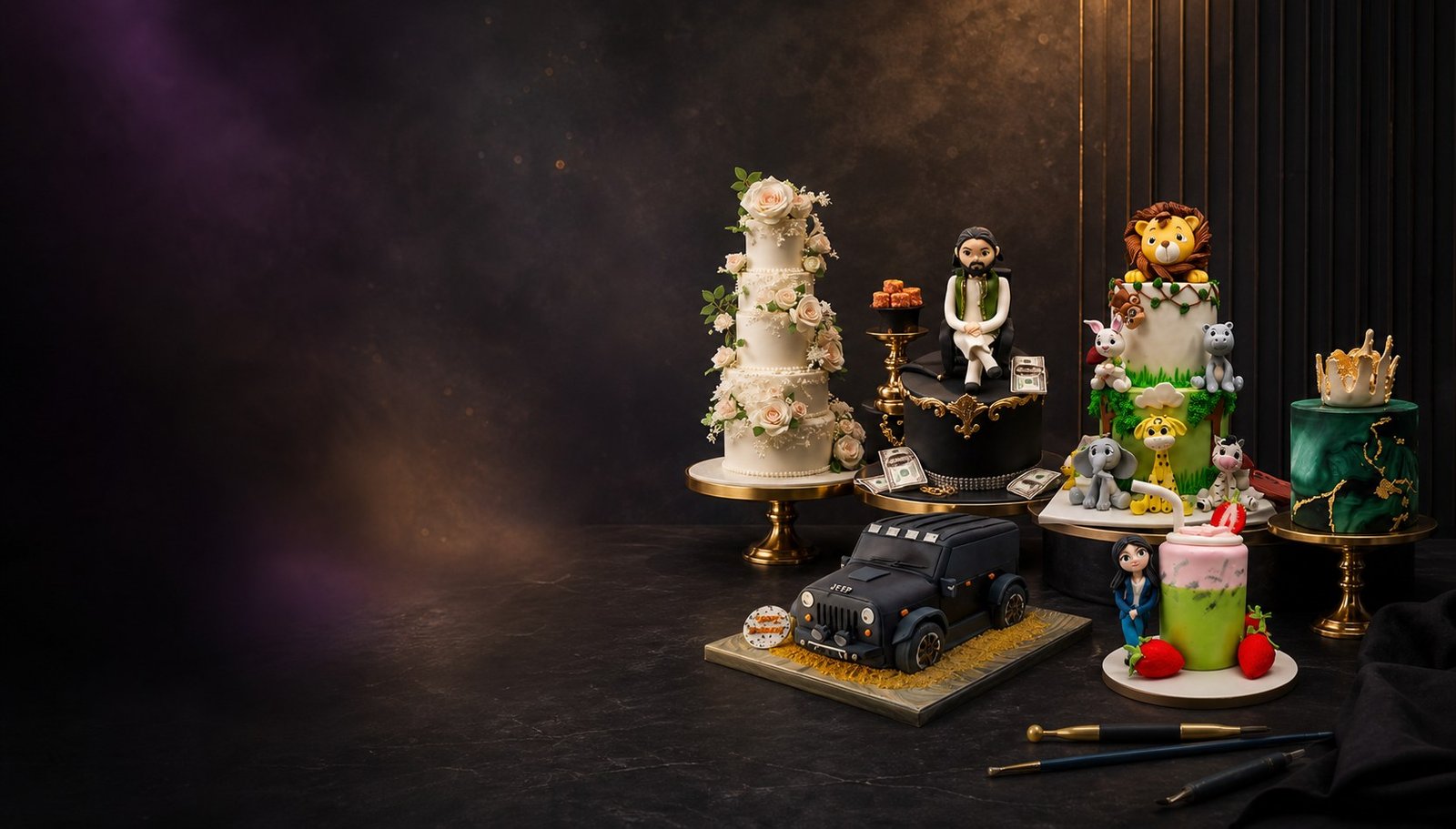 Luxury Cake Art Academy course table with fondant animals, figures, marble cake, tier cake, car cake and tools
